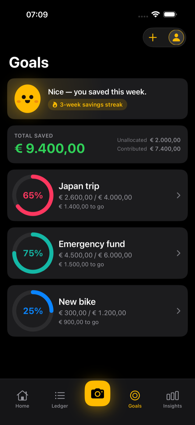 Pennywick's Goals screen: savings goals shown as progress rings with target amounts and a monthly saving streak.